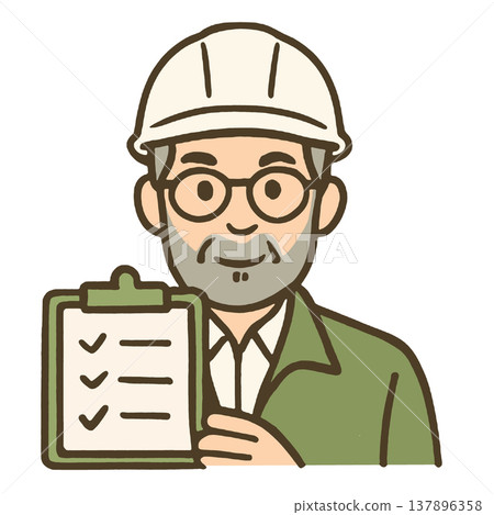 Construction worker, safety helmet, glasses, checklist, green uniform, smiling, cartoon style Construction worker, safety helmet, glasses, checklist, green uniform, smiling, cartoon style 137896358