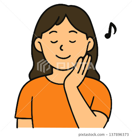 Woman orange shirt long hair smiling hand on cheek music note relaxed happy Woman orange shirt long hair smiling hand on cheek music note relaxed happy 137896373