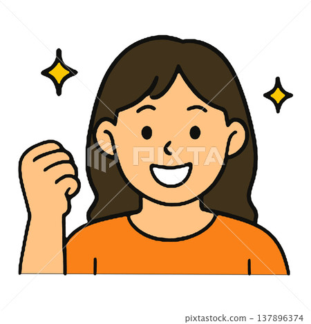 Smiling girl, brown hair, orange shirt, fist, cheerful, cartoon, white background Smiling girl, brown hair, orange shirt, fist, cheerful, cartoon, white background 137896374
