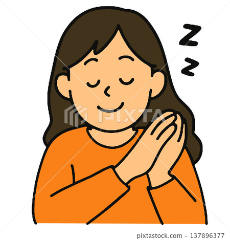 Woman sleep cartoon illustration orange peaceful hand gesture closed eyes happy Woman sleep cartoon illustration orange peaceful hand gesture closed eyes happy 137896377