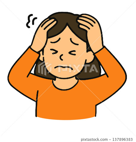 Woman headache stress pain cartoon illustration orange hand holding head emotion Woman headache stress pain cartoon illustration orange hand holding head emotion 137896383