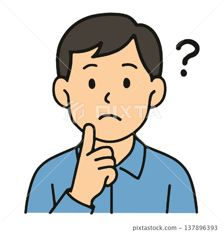 Confused man, question mark, thinking, hand on chin, blue shirt, simple illustration Confused man, question mark, thinking, hand on chin, blue shirt, simple illustration 137896393