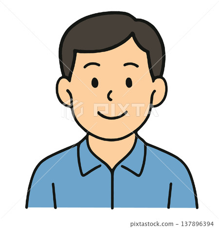 Smiling man, cartoon, illustration, blue shirt, short hair, simple style, isolated white Smiling man, cartoon, illustration, blue shirt, short hair, simple style, isolated white 137896394