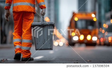 Municipal sanitation worker collecting waste on city street garbage collection service urban cleaning concept 137896504