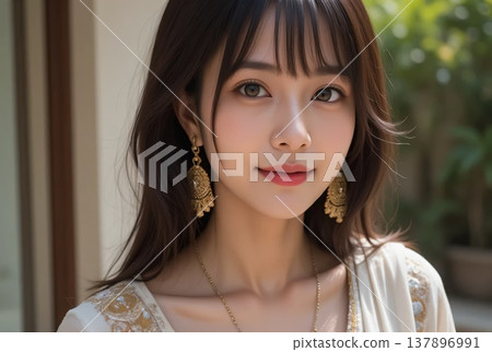 一位身著亞洲民族服裝的年輕女子站在屋簷上 137896991