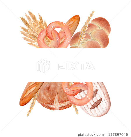 Bread baked goods banner with pretzel, baguette, wheat. Watercolor hand painted food illustration, horizontal composition with copy space for bakery menu, cafe, packaging, food design. isolated on 137897046