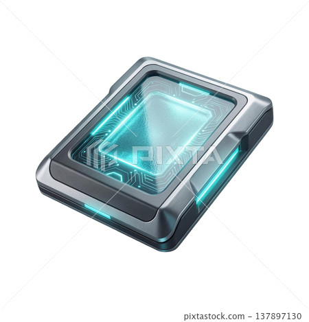 A sleek, futuristic data chip or portable storage device with glowing blue-green circuits and a metallic casing, isolated on a white background. 137897130