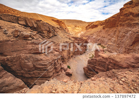 Dry riverbed, wilderness. Desert nature landscape. Sandstone texture. Red Canyon in the Negev Desert near Eilat in Israel Dry riverbed, wilderness. Desert nature landscape. Sandstone texture. Red Canyon in the Negev Desert near Eilat in Israel 137897472