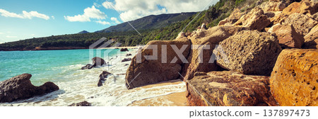 Galapinhos beach on a sunny day. Rocky seascape. Setubal region, Atlantic Ocean, Portugal 137897473