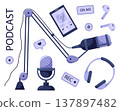 Set of different podcast elements. Podcasting, online show, streaming, blogging concept. Vector illustration in cartoon flat style isolated on white background. 137897482