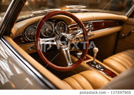 Luxury vintage car interior with wooden steering wheel and leather dashboard 137897908