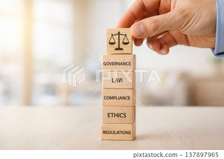Hand stacking wooden blocks with governance law compliance ethics and regulations business concept Hand stacking wooden blocks with governance law compliance ethics and regulations business concept 137897965