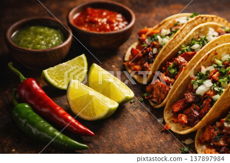 Authentic Mexican tacos with lime chili peppers and salsa on rustic wooden table Authentic Mexican tacos with lime chili peppers and salsa on rustic wooden table 137897984