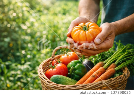 Farmer holding fresh organic vegetables harvest in garden basket close up natural food concept 137898025