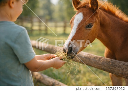 Child feeding young horse on farm close interaction with animal and nature Child feeding young horse on farm close interaction with animal and nature 137898032