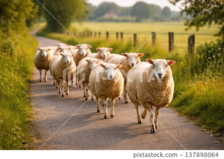 Flock of sheep walking along rural road in countryside during golden hour Flock of sheep walking along rural road in countryside during golden hour 137898064