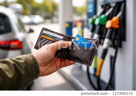 Hand Holding Wallet with Credit Card at Gas Station Fuel Pump Payment Concept Hand Holding Wallet with Credit Card at Gas Station Fuel Pump Payment Concept 137898133