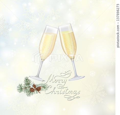 Two flute glasses filled with sparkling champagne over winter nnoel snowy blur background.Merry Christmas greeting card with snowflakes and conifeerous branch with cone in snow Two flute glasses filled with sparkling champagne over winter nnoel snowy blur background.Merry Christmas greeting card with snowflakes and conifeerous branch with cone in snow 137898273