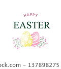 Happy Easter greeting card. Easter holiday egg ornamental background. HAPPY EASTER lettering over line drawn Easter icons eggs 137898275