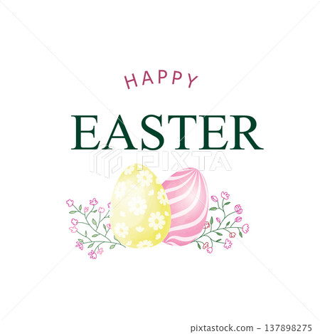Happy Easter greeting card. Easter holiday egg ornamental background. HAPPY EASTER lettering over line drawn Easter icons eggs Happy Easter greeting card. Easter holiday egg ornamental background. HAPPY EASTER lettering over line drawn Easter icons eggs 137898275