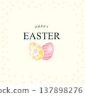 Happy Easter greeting card. Easter holiday egg ornamental background. HAPPY EASTER lettering over line drawn Easter icons eggs 137898276