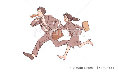 一對年輕的上班族夫婦早上匆匆忙忙地衝出家門去上班。 137898334