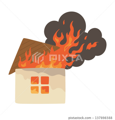 Concept illustration of a house fire with fierce flames and rising black smoke. Concept illustration of a house fire with fierce flames and rising black smoke. 137898388