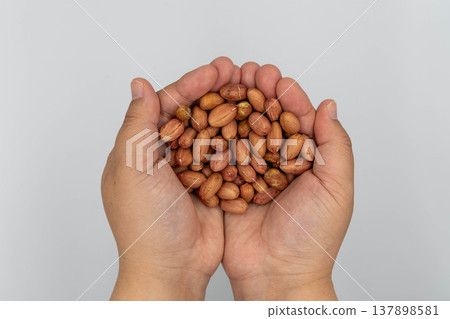 Peanuts held in both hands (white background, close-up) Peanuts held in both hands (white background, close-up) 137898581