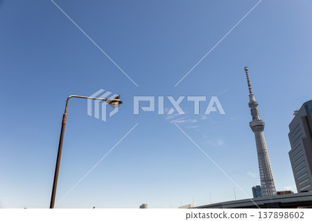 Blue sky and Tokyo Skytree; a dove on the lamp Blue sky and Tokyo Skytree; a dove on the lamp 137898602