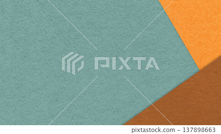 Muted teal textured paper background with orange brown triangular corners and copy space. Template for presentation, banner Muted teal textured paper background with orange brown triangular corners and copy space. Template for presentation, banner 137898663