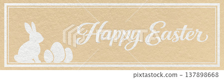 Happy Easter website header with white bunny and eggs silhouette on light beige textured paper background with calligraphy Happy Easter website header with white bunny and eggs silhouette on light beige textured paper background with calligraphy 137898668
