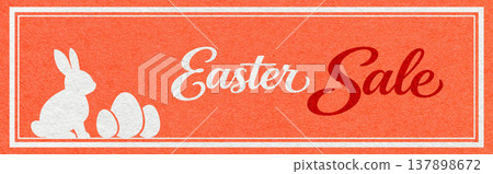 Easter sale website header banner with white bunny and eggs silhouette on warm coral textured paper background with calligraphy Easter sale website header banner with white bunny and eggs silhouette on warm coral textured paper background with calligraphy 137898672