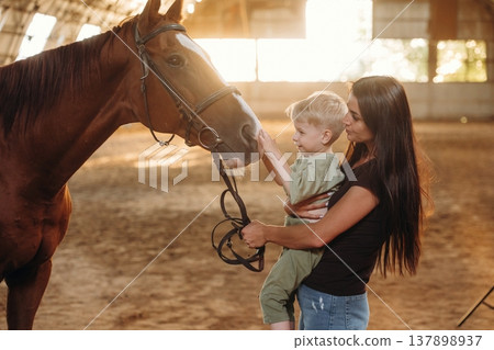 Curious kid is touching the animal. Mother and little son are with horse in hangar 137898937