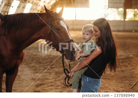 Curious kid is touching the animal. Mother and little son are with horse in hangar Curious kid is touching the animal. Mother and little son are with horse in hangar 137898940