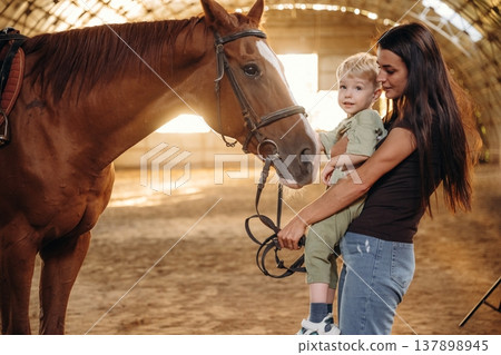 Mother and little son are with horse in hangar Mother and little son are with horse in hangar 137898945