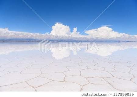 Serene landscape of uyuni salt flat in bolivia with reflection of blue sky 137899039