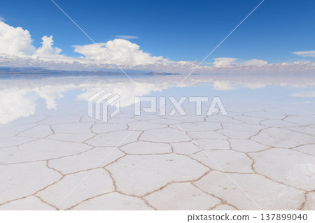 Serene landscape view of salt flat in Uyuni Bolivia with sky reflection on water Serene landscape view of salt flat in Uyuni Bolivia with sky reflection on water 137899040