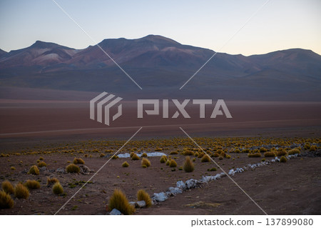 Serene vast mountain landscape of desert plain at twilight in Altiplano 137899080