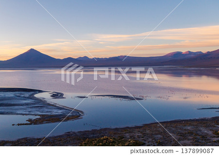 Serene landscape with volcano and lake reflection at sunset in Chile 137899087