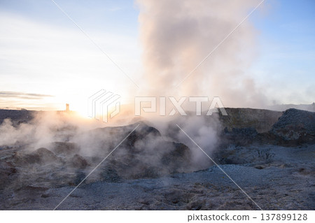 Dramatic sunrise at Sol de Manana geothermal field de vapor Dramatic sunrise at Sol de Manana geothermal field de vapor 137899128