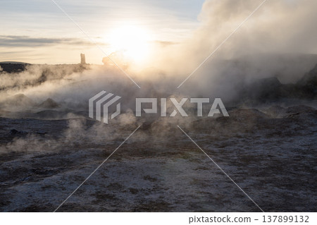 Powerful geothermal sol de manana with vapor rising at dawn Powerful geothermal sol de manana with vapor rising at dawn 137899132