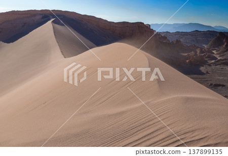 Serene windblown sand dune in vast Valle de la Luna desert Serene windblown sand dune in vast Valle de la Luna desert 137899135