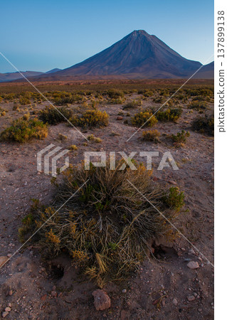 Peaceful twilight over vast Licancabur desert mountain landscape Peaceful twilight over vast Licancabur desert mountain landscape 137899138