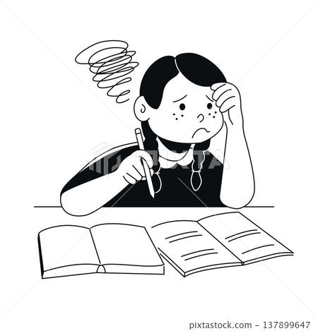 Girl Struggling with Homework - Black and White Flat Design Illustration Girl Struggling with Homework - Black and White Flat Design Illustration 137899647