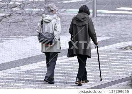 Yokohama, Japan: Urban landscapes synchronized in aging society... Two people together... Elderly woman with a cane... = Yokohama city 137899666