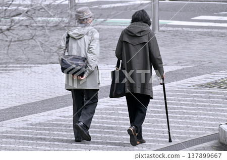 日本橫濱:城市景觀和諧統一…老化社會:兩人同行…拄著拐杖的老婦人…= 橫濱市 日本橫濱:城市景觀和諧統一…老化社會:兩人同行…拄著拐杖的老婦人…= 橫濱市 137899667