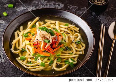 Traditional Korean chicken soup with homemade noodles 137899797