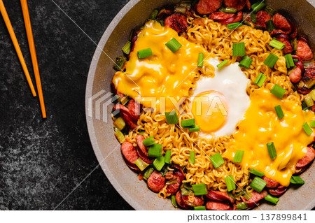 Korean style instant noodle, Shin Ramyeon with sausages Korean style instant noodle, Shin Ramyeon with sausages 137899841