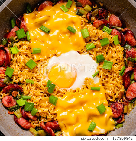 Korean style instant noodle, Shin Ramyeon with sausages Korean style instant noodle, Shin Ramyeon with sausages 137899842