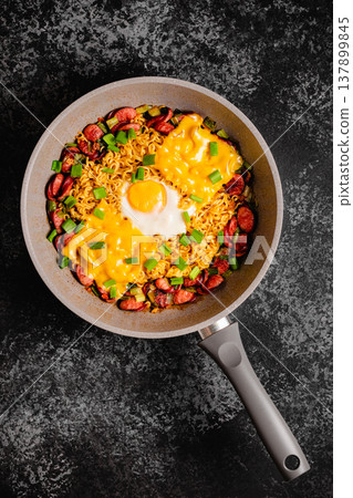 Korean style instant noodle, Shin Ramyeon with sausages Korean style instant noodle, Shin Ramyeon with sausages 137899845